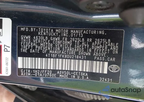 2013 Toyota Camry Se из США, поврежденный, VIN 4T1BF1FK8DU218431